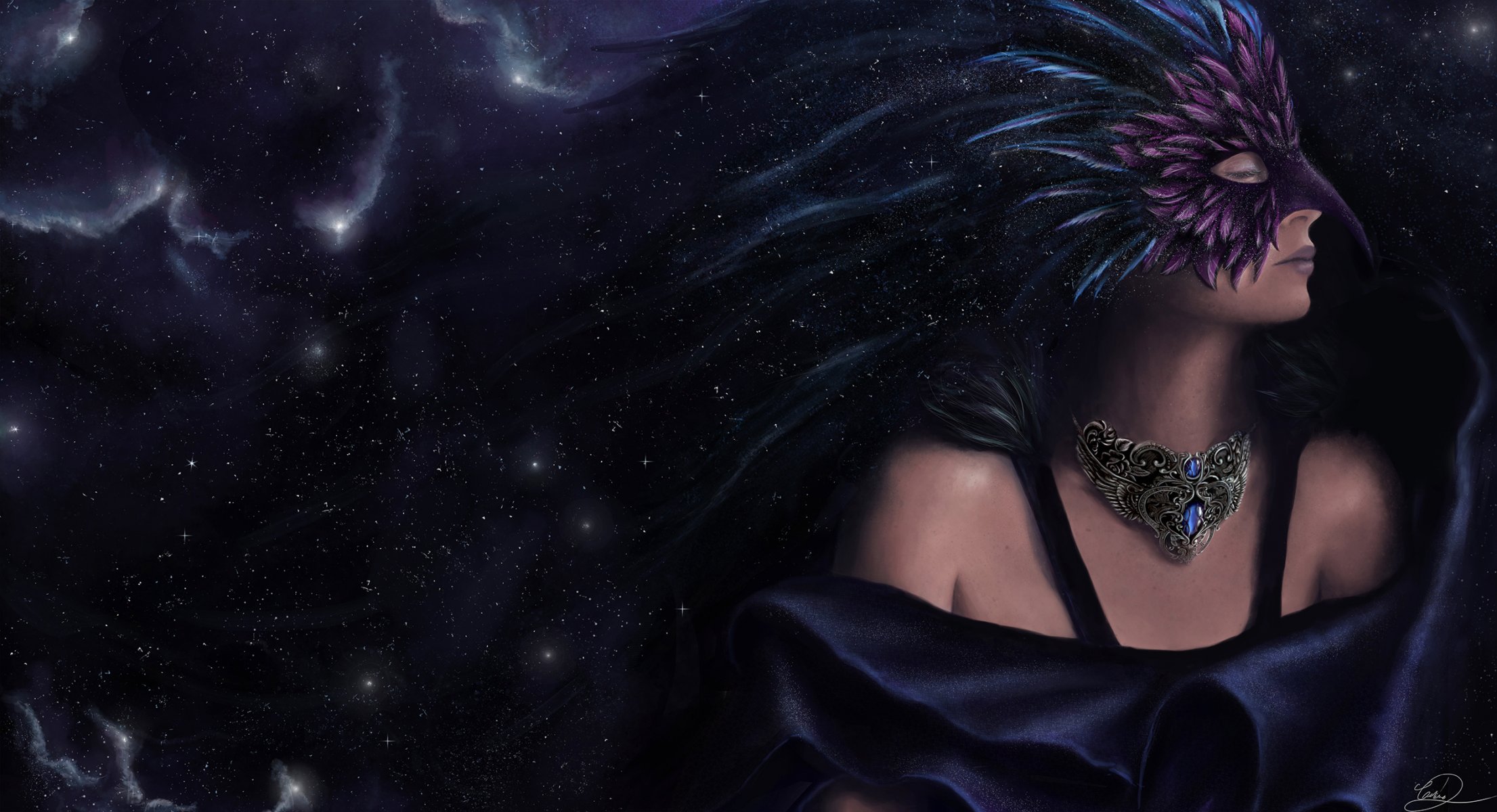 fantasy cosmos. profile girl mask feathers closed eyes stars art art