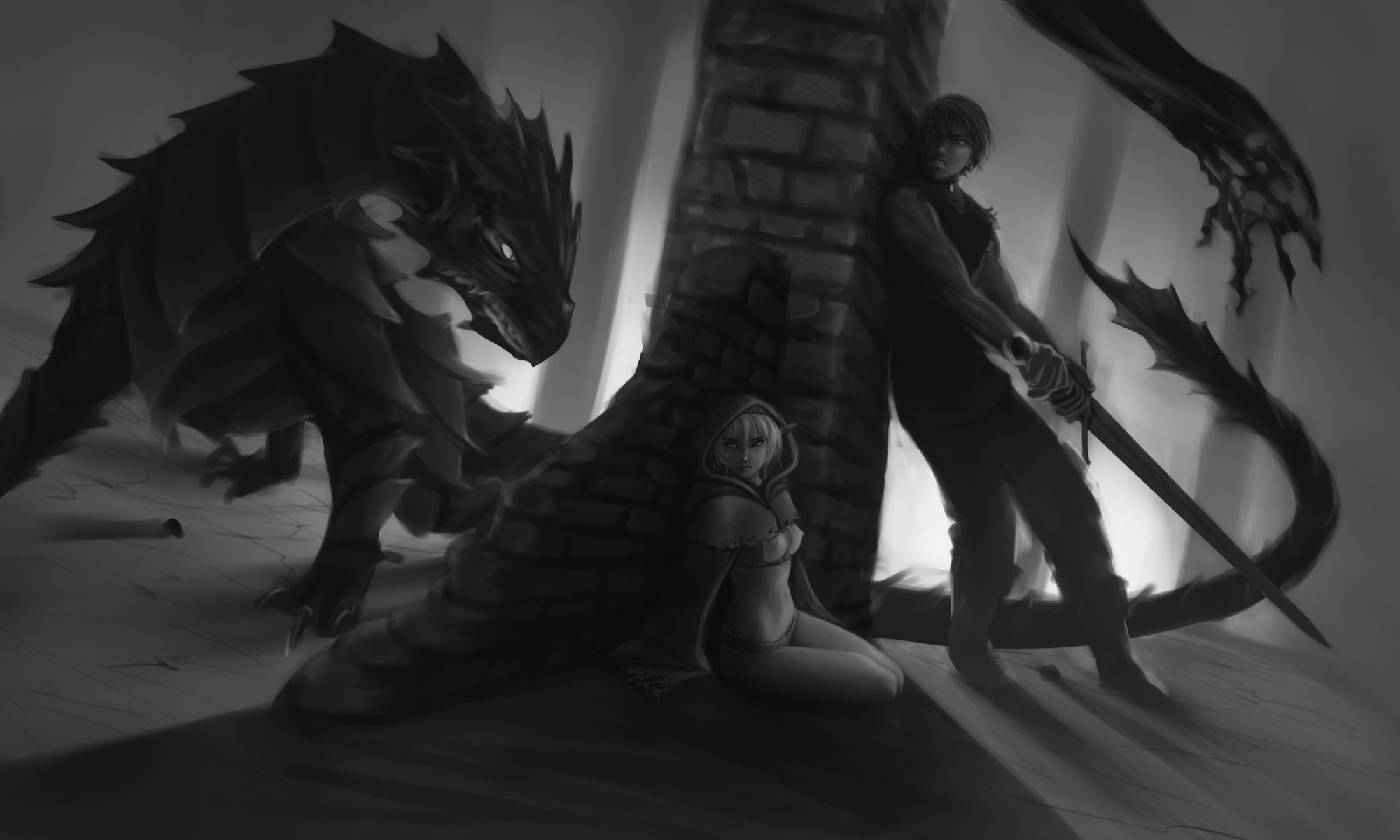 art black and white girl elf fear guy sword dragon