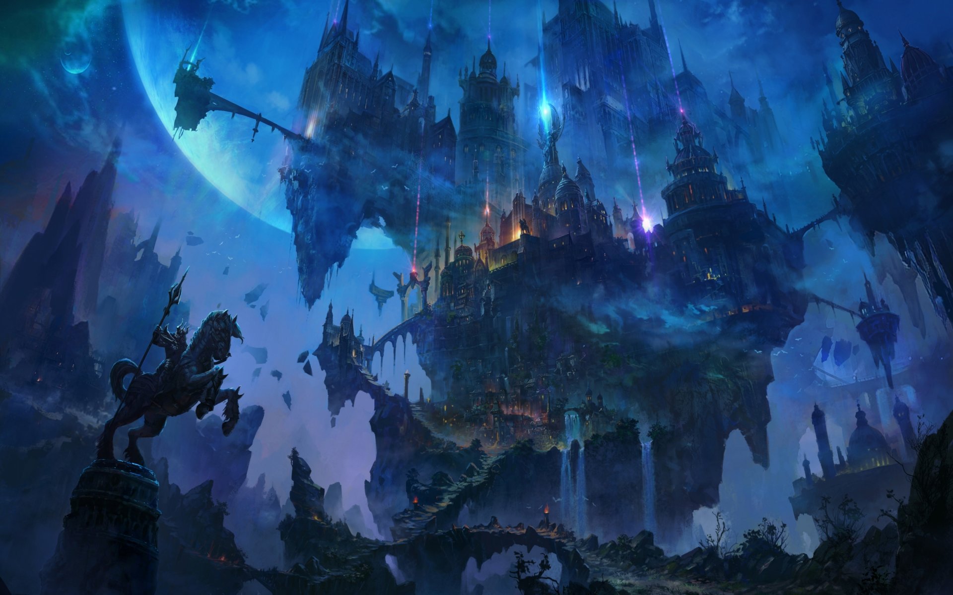 fiction art fantasy artist shuxing li horseman rock bridge trail fortress bastion locks tower the citadel streams of light rays planet