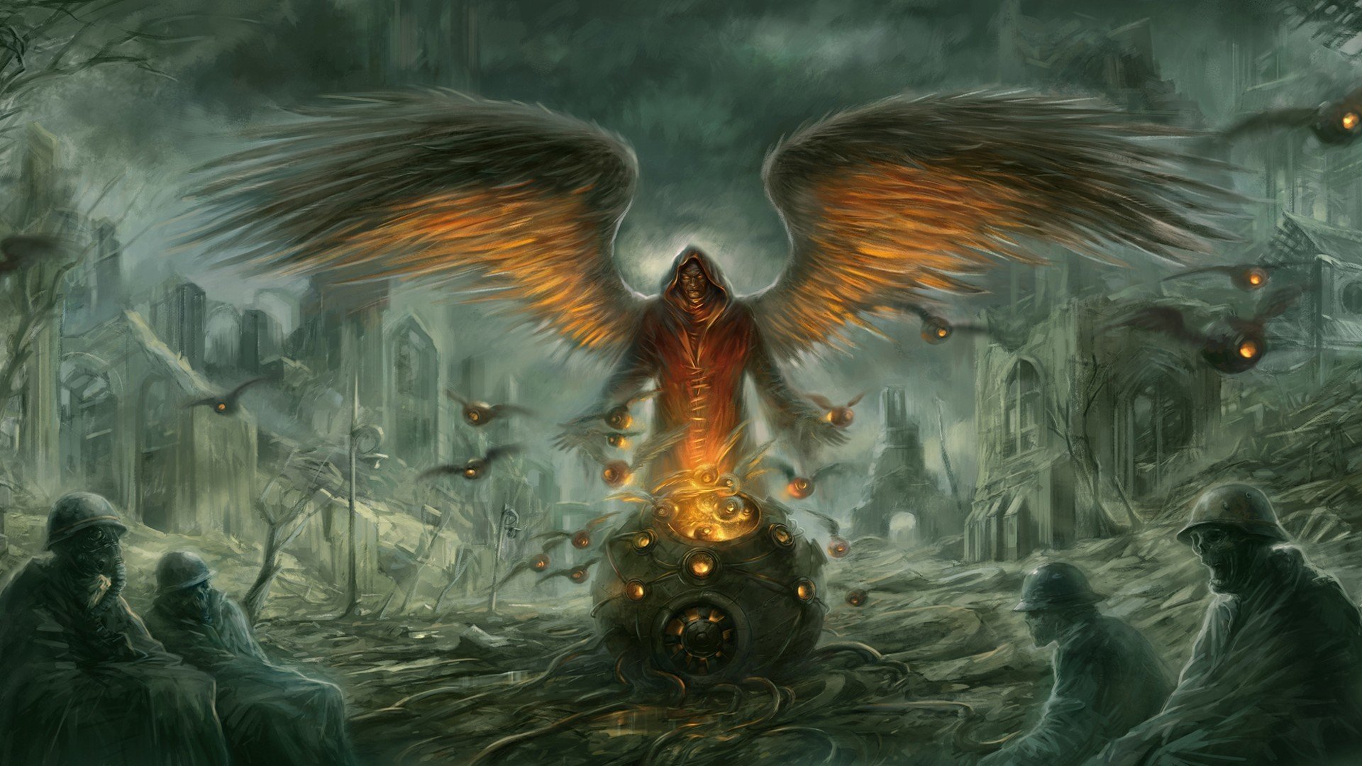 town ruins men angel wings undead