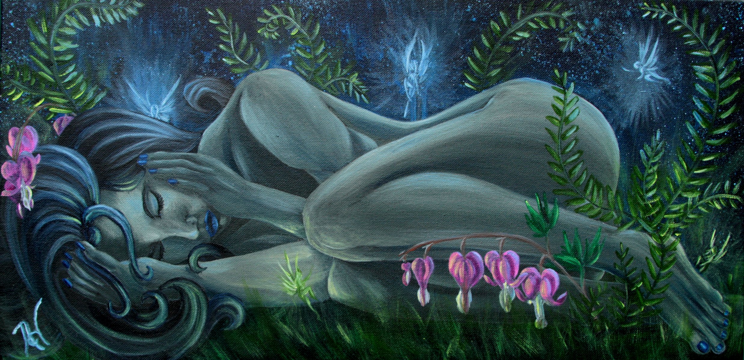 fantasía pintura chica mentiras naturaleza flores cara pelo azul hadas