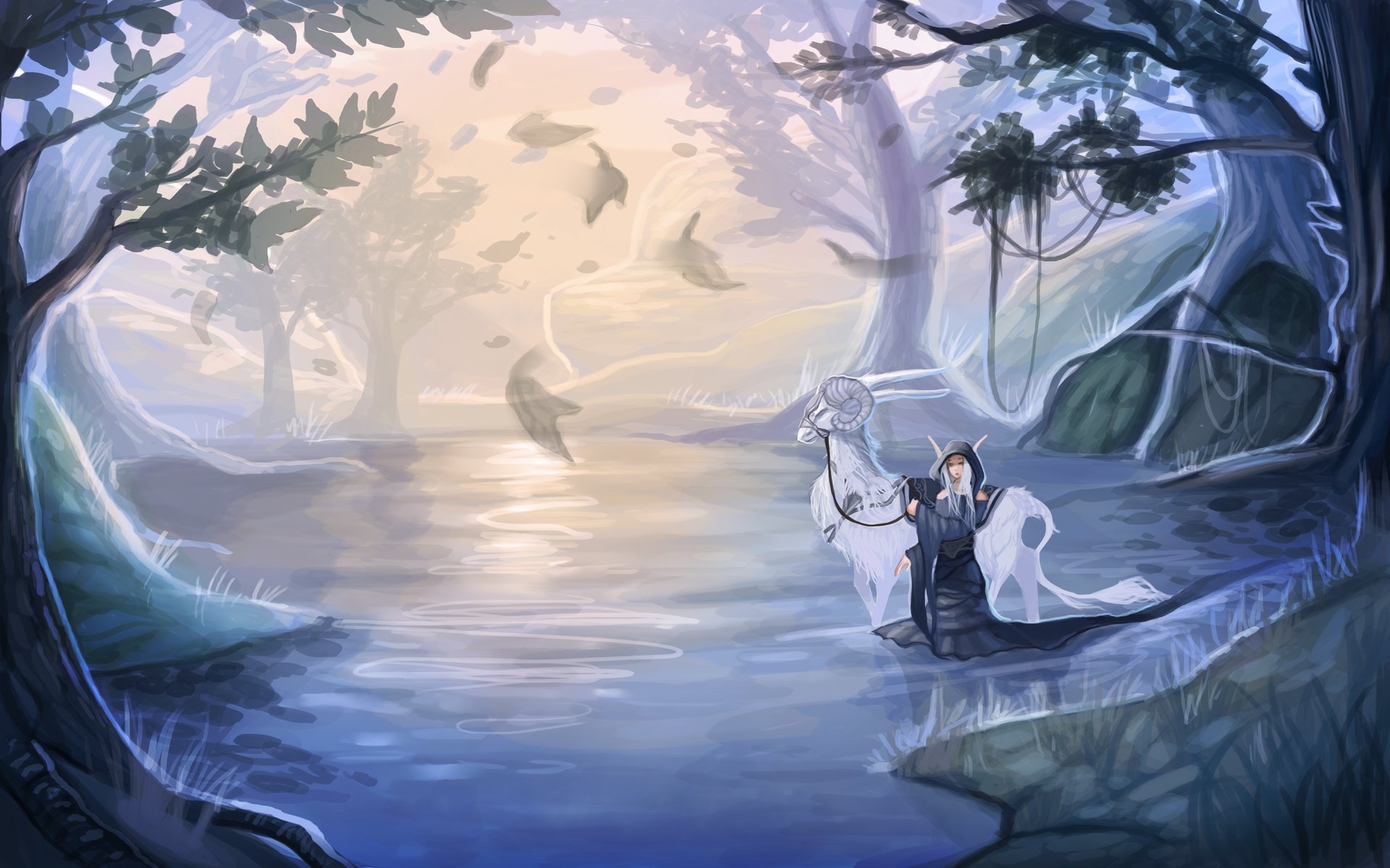 fiction art animals girl elf water river tree nature