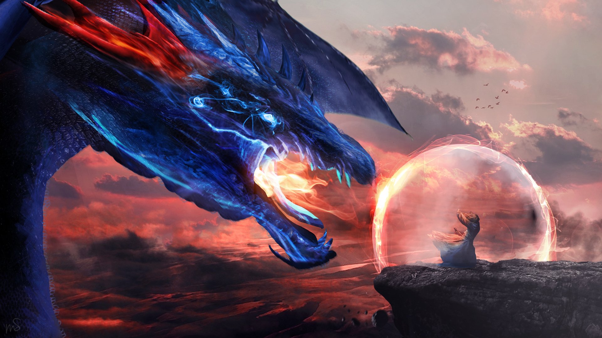 fiction art dragon view fall fire wings magician rock sky