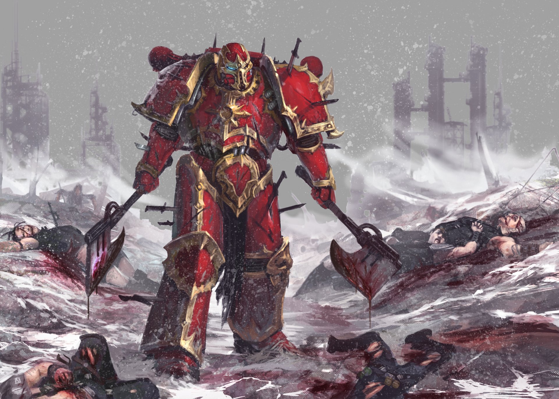 warhammer guerriero armi armatura potenziata neve rovine cadaveri