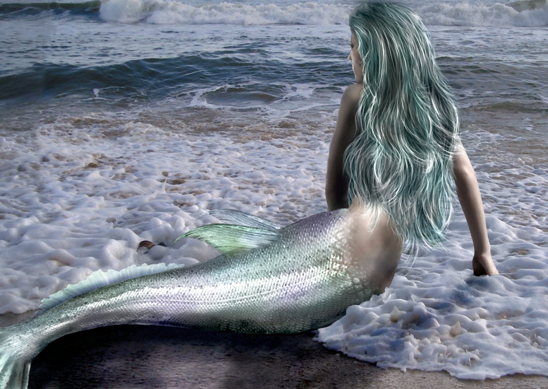 fiction girl mermaid tail spin hands hair sea wave