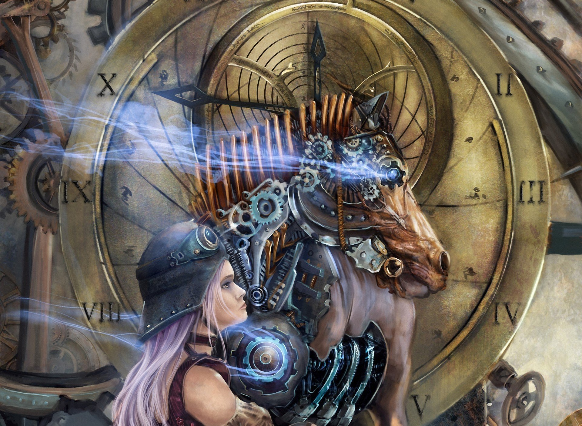 art girl helmet horse the mechanism head watches face surrealism