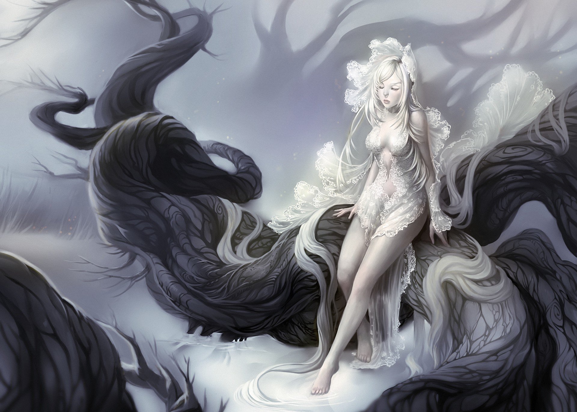 art tree girl white lace white hair