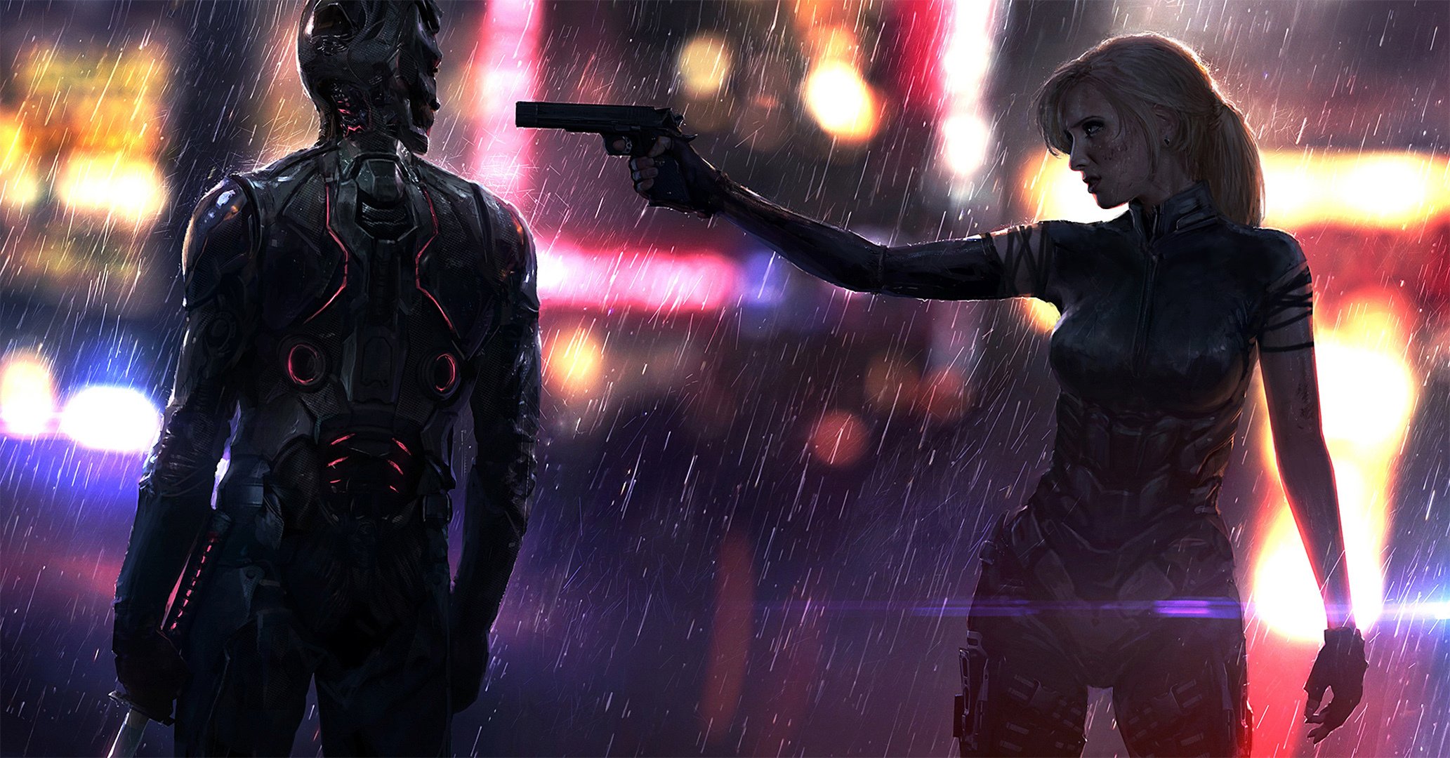 pistola casco arte hombre mujer cyberpunk espada lluvia