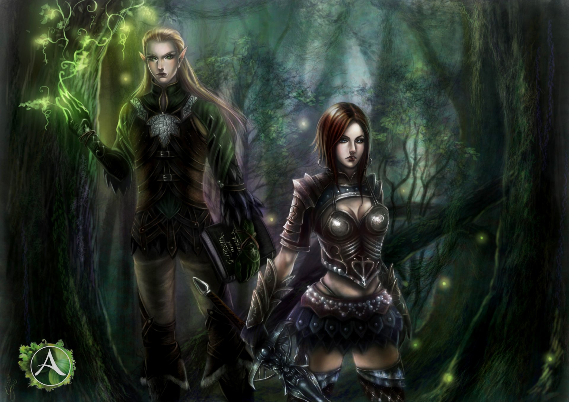 art forest elf girl guy sword