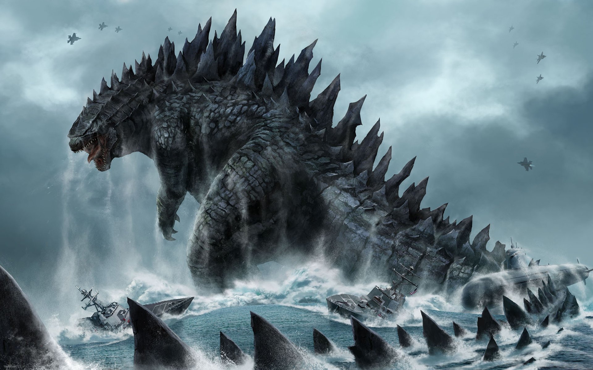 godzilla mostro dinosauro coda navi caccia sottomarino mare onde cielo