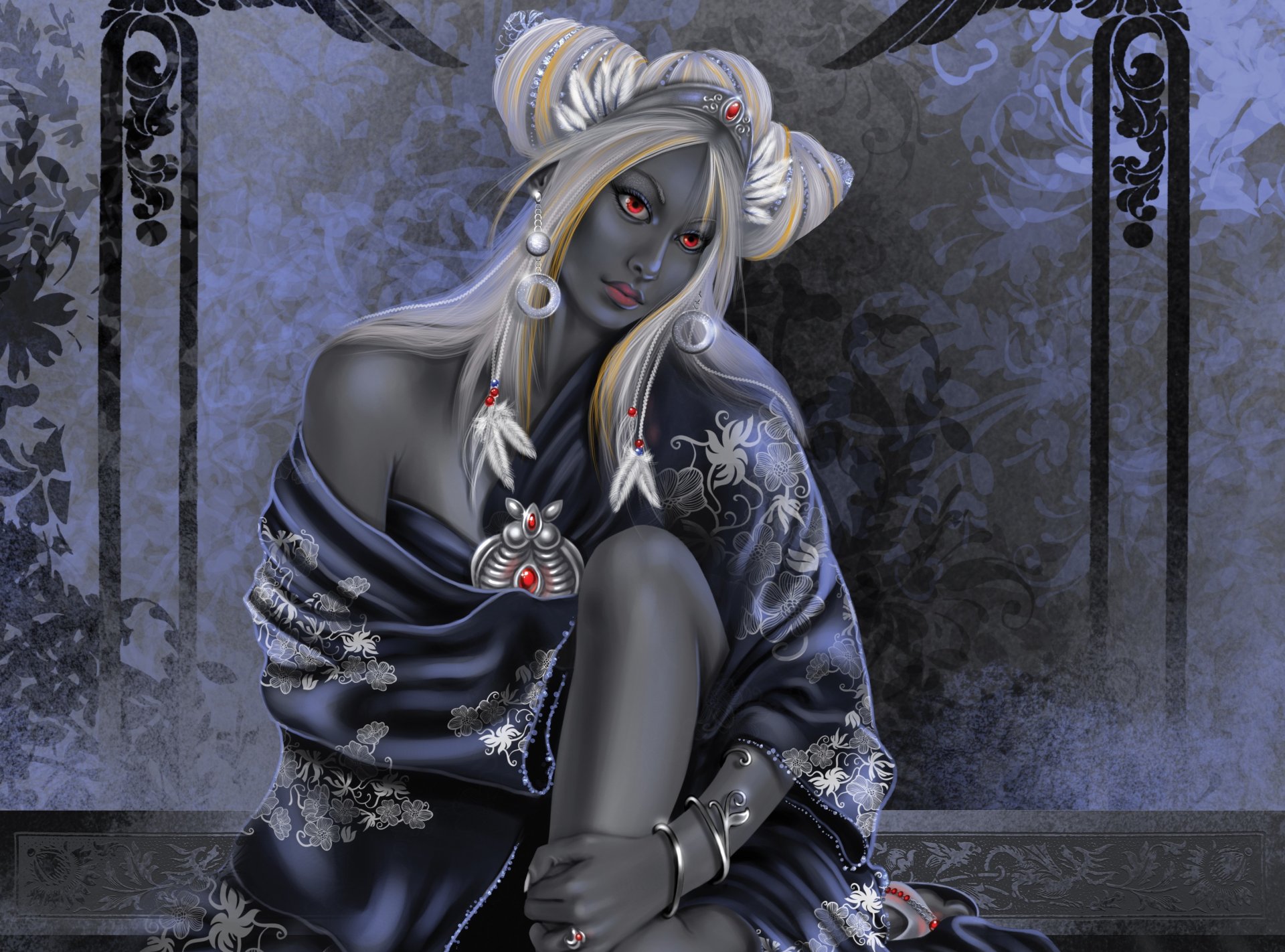 art drow elf dark-skinned sitting gown decoration