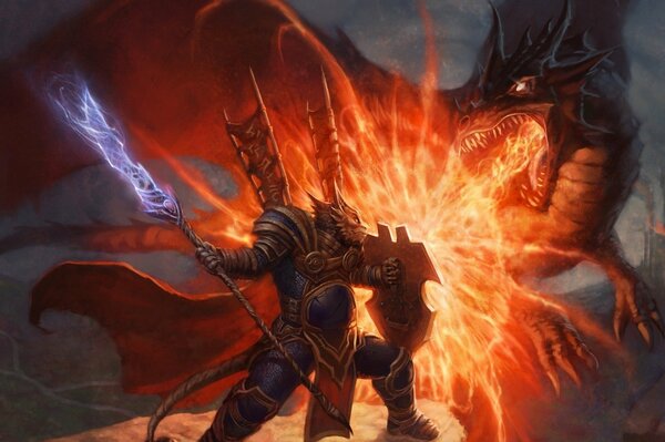 Art of the battle of the beast knight with a fire-breathing dragon