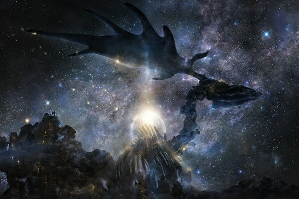 Art of the night sky and unusual giant creatures