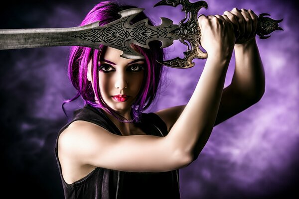 A girl with purple hair holds a sword