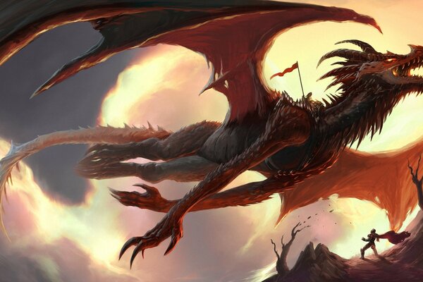 Ein riesiger Fantasy-Drache fliegt in den Himmel