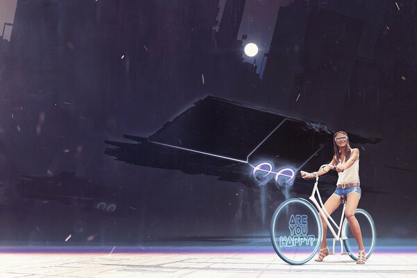 Fantastique fille sur le vélo, nuit lune avenir