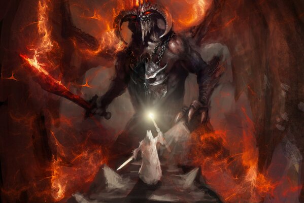 Demon with swords on the background of lava