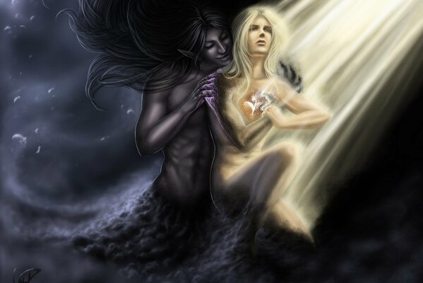 Fantastyczna Sztuka. Demon w czarnej mgle i anioł w promieniach słońca