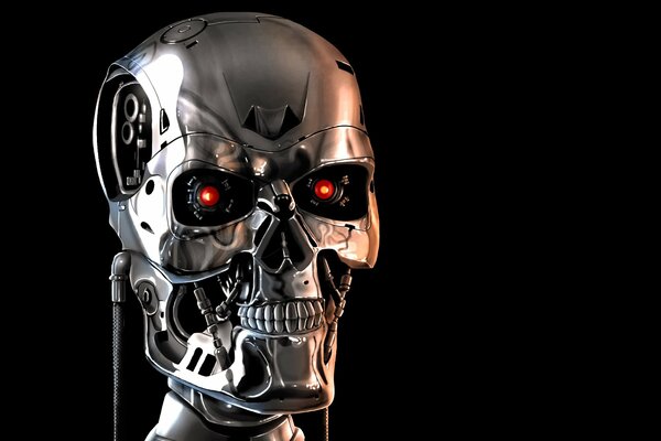 Terminator con occhi rossi su sfondo nero
