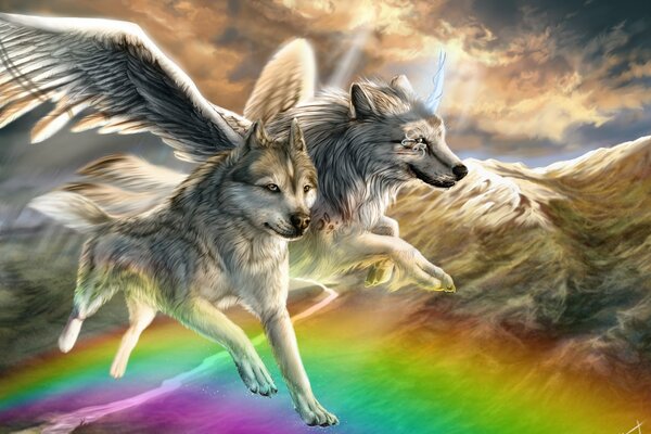 A pair of wolves with wings flying over a rainbow art