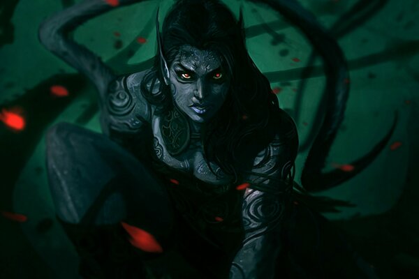 Fantasy art girl with tattoos, pointed ears and red eyes