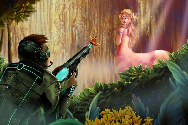 A soldier with a gun looks at a centaur girl