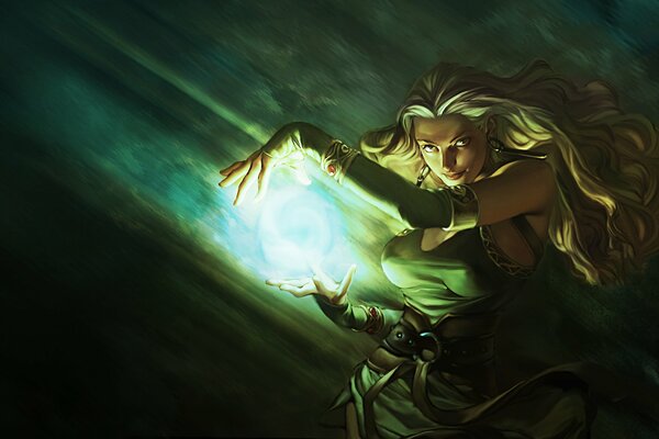 The sorceress is a girl with a fireball in her hands and a penetrating look