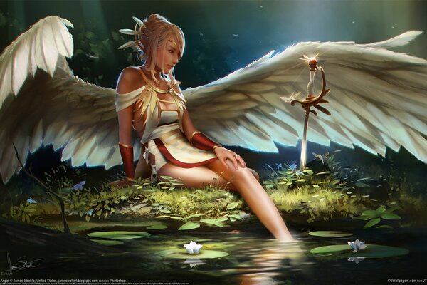 Mädchen-Engel am Teich mit Säbel