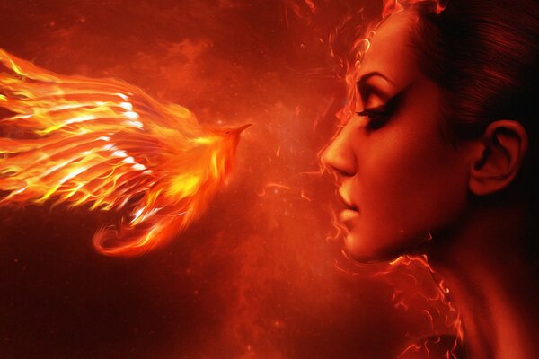 A girl with a phoenix bird on a flame background