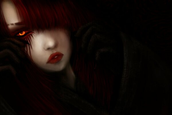 Art girl with yellow eyes and red hair