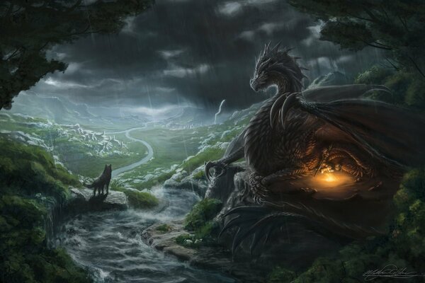 Fantastic dragon and wolf drawing