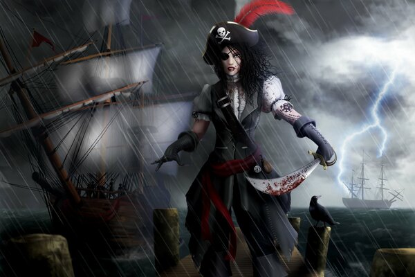 Pirate girl sword in blood, ocean ships rain storm