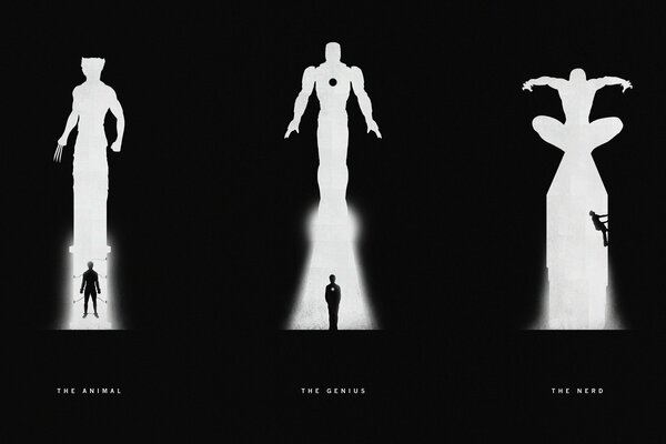 Три черно-белых изображение супергероев