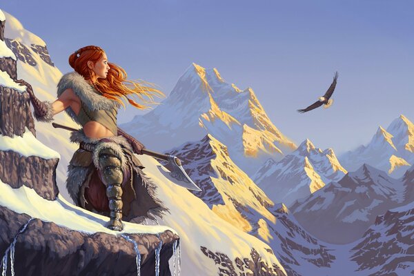 Red-haired girl with an axe in the snowy mountains