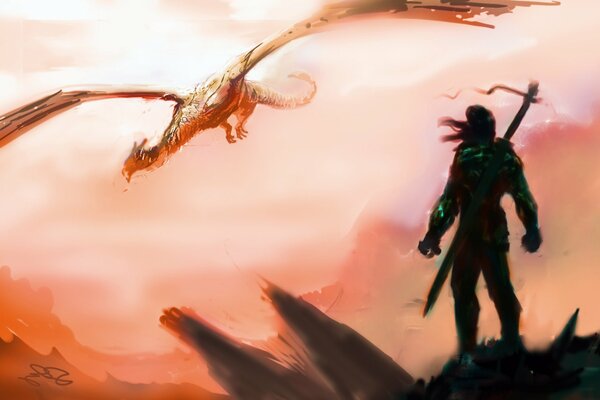 A dragon flying against the background of pink mountains to a man