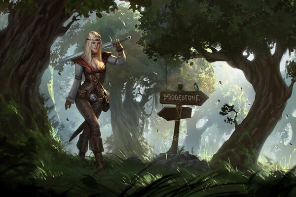 Mujer con espada en el bosque