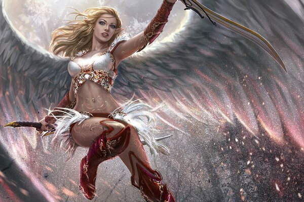 Fantastisches Bild eines Mädchens mit Flügeln und einem Schwert