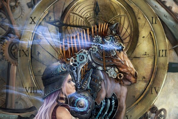 Chicas de arte en un casco con un caballo de metal