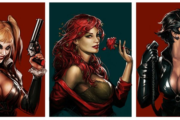 Héroïnes sexy de la bande dessinée Harley Quinn, Poison Ivy et Catwoman