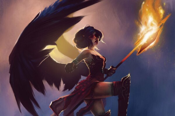 A fantasy image of a girl with wings and fire