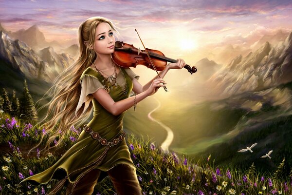 A girl plays the violin on a field with flowers