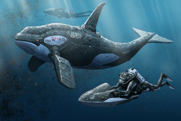 Art of a killer whale robot in the sea under water