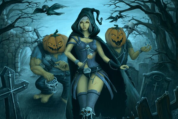 Chica en el cementerio bajo la Luna en la noche de Halloween