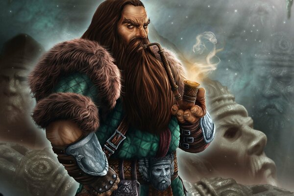 A dwarf with a long beard smokes a pipe