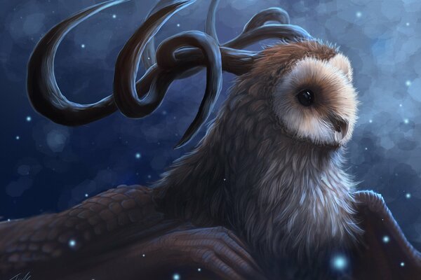 A fantastic creature. Owl with horns on the background of falling snow