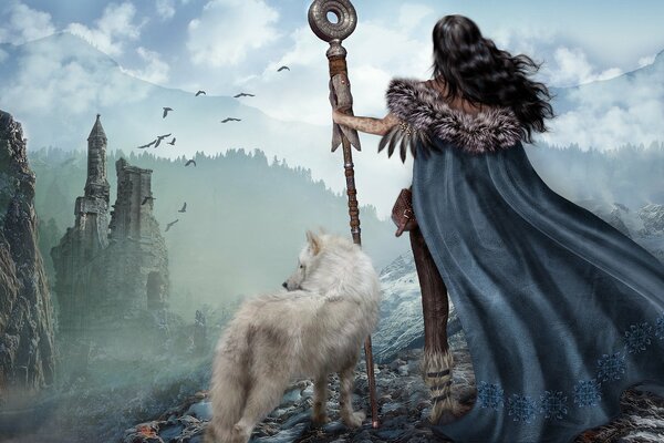 A girl and a wolf are watching nature