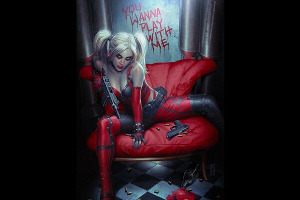 The villain Harley Quinn on the red chair