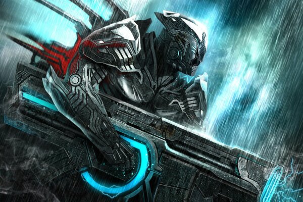 Armor warrior with space weapons in the rain