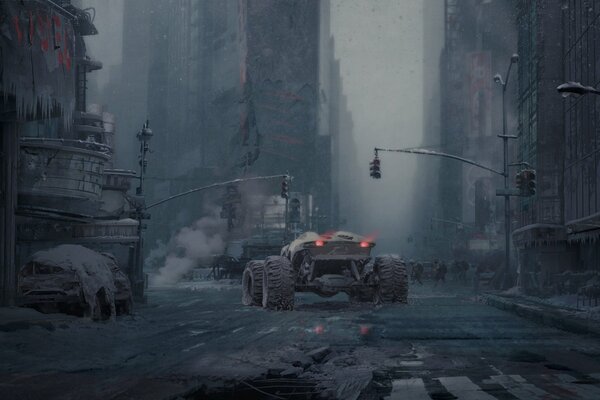 Voiture avec des soldats dans les ruines de la ville