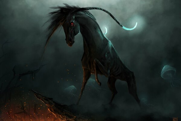 Fantasy Wallpaper schwarzes Pferd mit roten Augen